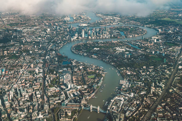 Aerial view of river Thames in London from an airplane.